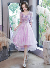 Lovely Light Purple High Low Tulle With Lace Party Dress, Short Sleeves Homecoming Dresses