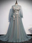 Lovely Long Sleeves Tulle Prom Dress with Flowers, Unique Long Prom Dresses with Lace Applique