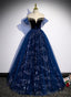 Lovely Navy Blue Tulle Off Shoulder Beaded Long Prom Dress, Navy Blue Tulle Prom Dresses