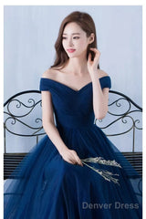 Lovely Navy Blue Tulle Off Shoulder Long Prom Dress , Tulle Bridesmaid Dresses