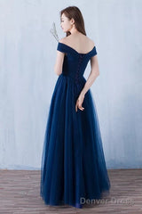 Lovely Navy Blue Tulle Off Shoulder Long Prom Dress , Tulle Bridesmaid Dresses