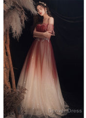 Lovely Off Shoulder Gradient Long Formal Dress, Shiny Tulle Red Party Dress