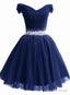Lovely Off Shoulder Navy Blue Beaded Homecoming Dress, Short Prom Dresses