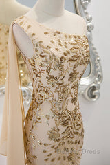 Lovely One Shoulder Champagne Sequins Mermaid Prom Dresses, Champagne Evening Dresses