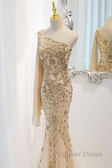 Lovely One Shoulder Champagne Sequins Mermaid Prom Dresses, Champagne Evening Dresses