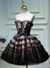 Lovely Pink And Black Short Party Dress With Bow, Cute Black Homecoming Dresses