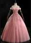 Lovely Pink Floral Tulle Off Shoulder Flowers Princess Gowns, Pink Sweet 16 Prom Dresses
