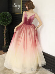 Lovely Pink Gradient Velvet Top Long Evening Dress, A-Line Pink Tulle Prom Dress Party Dress