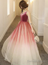 Lovely Pink Gradient Velvet Top Long Evening Dress, A-Line Pink Tulle Prom Dress Party Dress