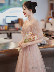 Lovely Pink Lace Short Sleeves Sweetheart Vintage Style Party Dress, Pink Homecoming Dresses