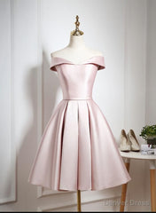 Lovely Pink Satin Off Shoulder Knee Length Formal Dress, Homecoming Dress