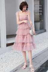 Lovely Pink Straps Layers Tea Length Wedding Party Dress, Pink Formal Dress