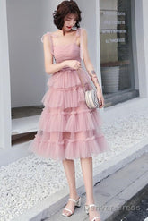 Lovely Pink Straps Layers Tea Length Wedding Party Dress, Pink Formal Dress