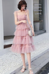 Lovely Pink Straps Layers Tea Length Wedding Party Dress, Pink Formal Dress