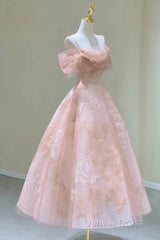 Lovely Pink Tea Length Straps Tulle Formal Dresses, Pink Tea Length Prom Dresses