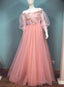 Lovely Pink Tulle Off Shoulder Sleeves Prom Dress A Line Pink Long Prom Dress shops