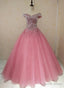 Lovely Pink Tulle Off Shoulder Sweet 16 Prom Dresses, Long Prom Gowns