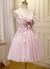Lovely Pink Tulle with Flowers Short Party Dress, Pink Tulle Homecoming Dresses