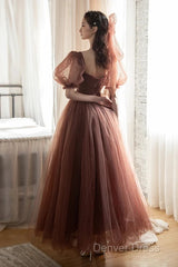 Lovely Puffy Sleeves Tulle Long Party Dresses, Scoop Ball Gown Long Prom Dresses