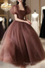 Lovely Puffy Sleeves Tulle Long Party Dresses, Scoop Ball Gown Long Prom Dresses
