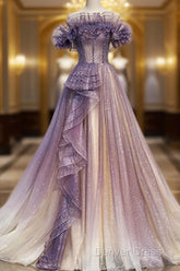 Lovely Purple Shiny Tulle Off Shoulder Evening Dresses, Purple Long Prom Dresses