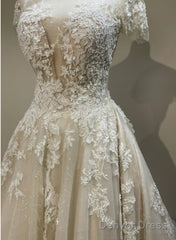 Lovely Round Neckline Tulle With Lace Applique Wedding Party Dress, Tulle Wedding Dress