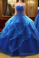 Lovely Royal Blue Tulle Prom Dresses, Blue Sweet 16 Dresses