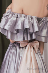 Lovely Satin Floor Length Prom Dress, Off Shoulder Evening Dress With Bow