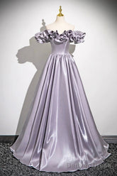 Lovely Satin Floor Length Prom Dress, Purple A-Line Off Shoulder Evening Dress