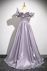 Lovely Satin Floor Length Prom Dress, Purple A-Line Off Shoulder Evening Dress