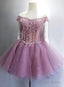Lovely Sequins And Lace Off Shoulder Short Prom Dresses, Pink Homecoming Dreses