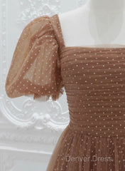 Lovely Simple Tulle Short Sleeves A-Line Party Dresses, Long Tulle Formal Dresses Evening Dresses