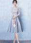 Lovely Sliver Grey Satin And Lace Short Sleeves Homecoming Dress, Short Prom Dress