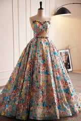Lovely Sweetheart Floral Sequin Long Prom Dresses, A-Line Strapless Evening Dresses