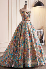 Lovely Sweetheart Floral Sequin Long Prom Dresses, A-Line Strapless Evening Dresses