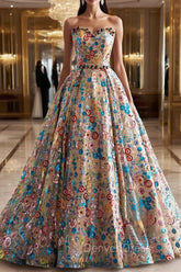 Lovely Sweetheart Floral Sequin Long Prom Dresses, A-Line Strapless Evening Dresses