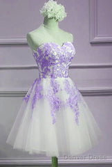 Lovely Sweetheart White Tulle With Purple Lace, Cute Party Dress