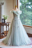 Lovely Tulle Floor Length Green Prom Dress, Off the Shoulder A Line Prom Dresses