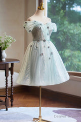 Lovely Tulle Knee Length Green Party Dress, Off the Shoulder A-Line Evening Dress