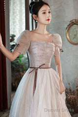 Lovely Tulle Sequins Long Prom Dress, A-Line Short Sleeve Evening Dress
