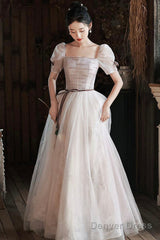 Lovely Tulle Sequins Long Prom Dress, A-Line Short Sleeve Evening Dress