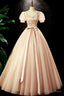 Lovely Tulle Sequins Long Prom Dress, A Line Short Sleeve Prom Dresses
