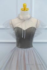 Lovely Velvet And Tulle Floor Length Prom Dresses, Gray A-Line Formal Evening Dresses