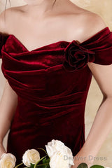 Lovely Velvet Mermaid Off Shoulder Long Prom Dress, Wine Red Wedding Party Dress