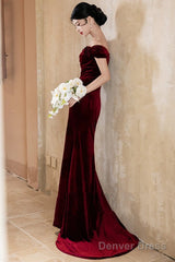 Lovely Velvet Mermaid Off Shoulder Long Prom Dress, Wine Red Wedding Party Dress
