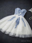 Lovely White Tulle Prom Dress with Blue Applique, Homecoming Dresses