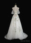 Lovely White Tulle with Floral Lace Off Shoulder Prom Dress, White Tulle Prom Dresses