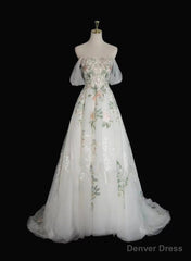 Lovely White Tulle with Floral Lace Off Shoulder Formal Dress, White Tulle Prom Dress