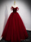 Lovely Wine Red Princess Tulle Beaded Long Prom Dresses, Dark Red Prom Gowns