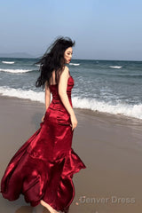 Lovely Wine Red Satin Mermaid Sweetheart Straps Evening Dress, Wine Red Prom Dress